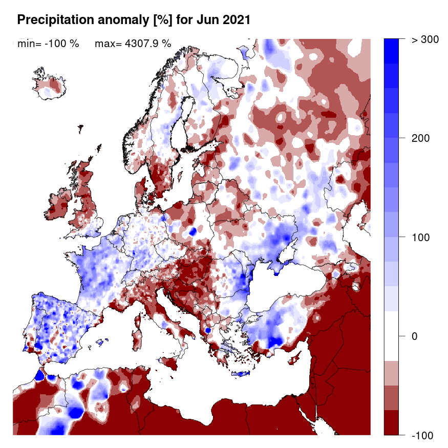 Figure 2. Precipitation anomaly [%] for June 2021, relative to a long-term average (1990-2013). Blue (red) denotes wetter (drier) conditions than normal.