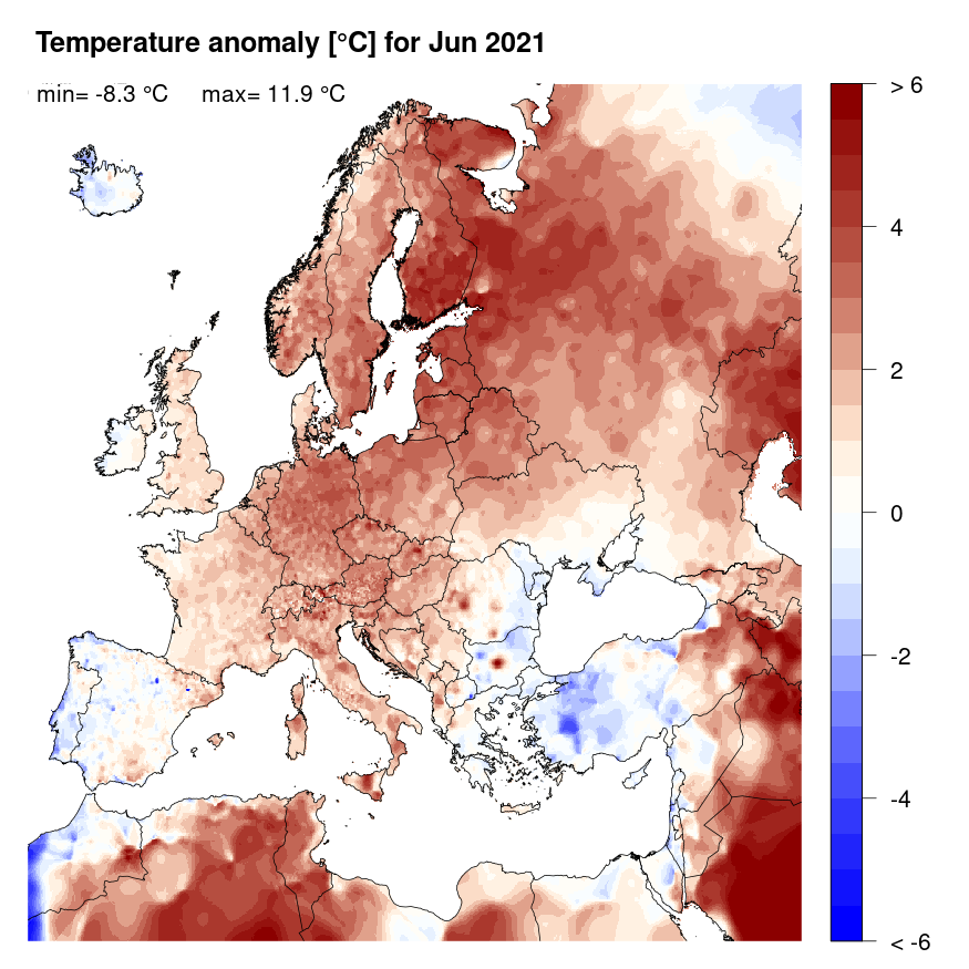 Figure 4. Temperature anomaly [°C] for June 2021, relative to a long-term average (1990-2013). Blue (red) denotes colder (warmer) temperatures than normal.