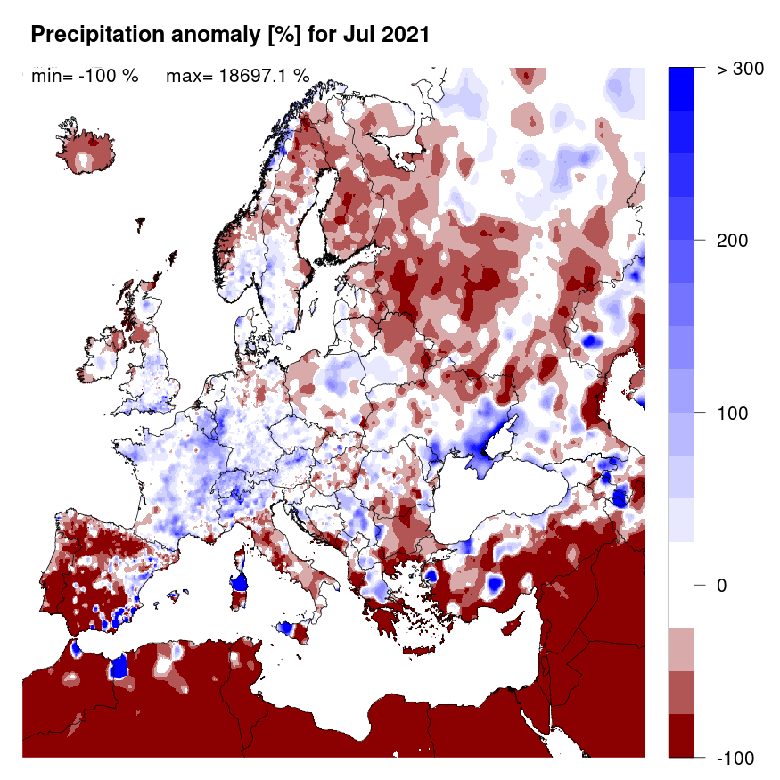 Figure 2. Precipitation anomaly [%] for July 2021, relative to a long-term average (1990-2013). Blue (red) denotes wetter (drier) conditions than normal.