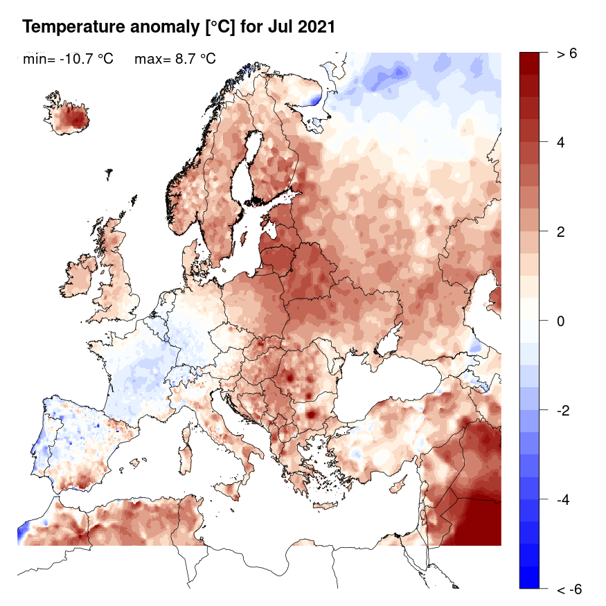 Figure 4. Temperature anomaly [°C] for July 2021, relative to a long-term average (1990-2013). Blue (red) denotes colder (warmer) temperatures than normal.