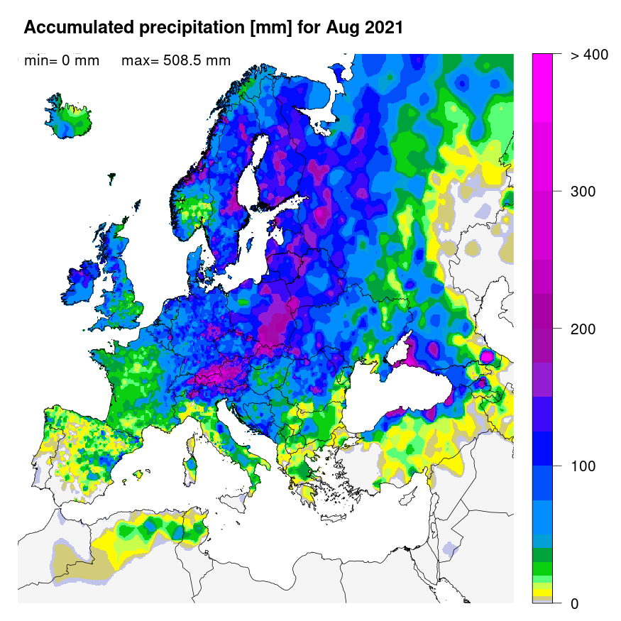 Figure 1. Accumulated precipitation [mm] for August 2021.