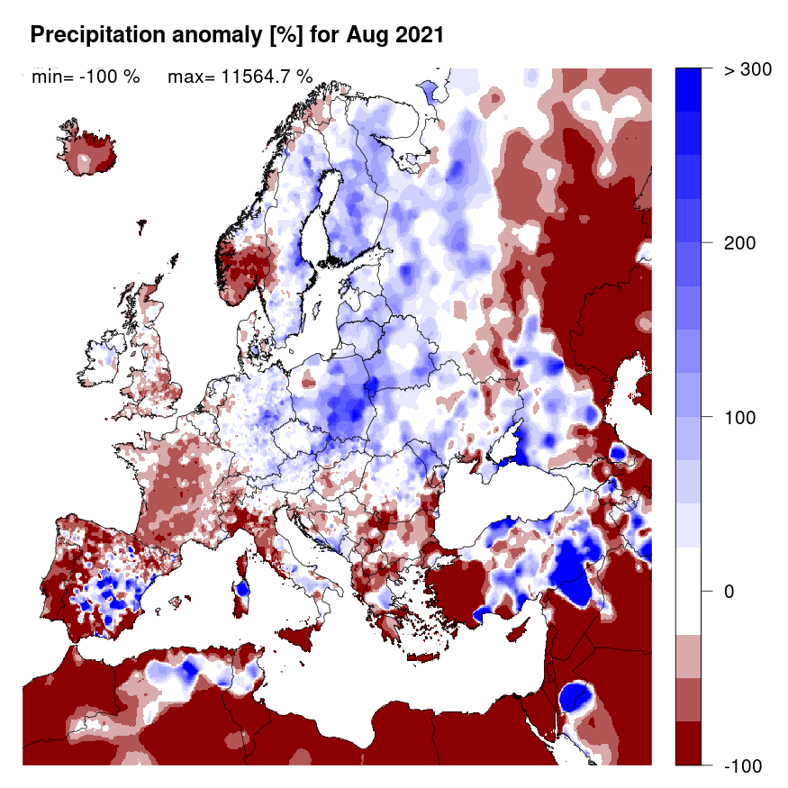 Figure 2. Precipitation anomaly [%] for August 2021, relative to a long-term average (1990-2013). Blue (red) denotes wetter (drier) conditions than normal.