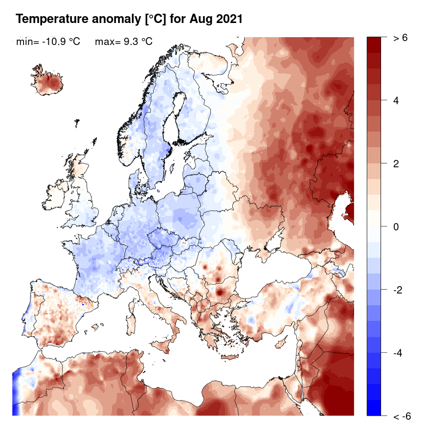 Figure 4. Temperature anomaly [°C] for August 2021, relative to a long-term average (1990-2013). Blue (red) denotes colder (warmer) temperatures than normal.