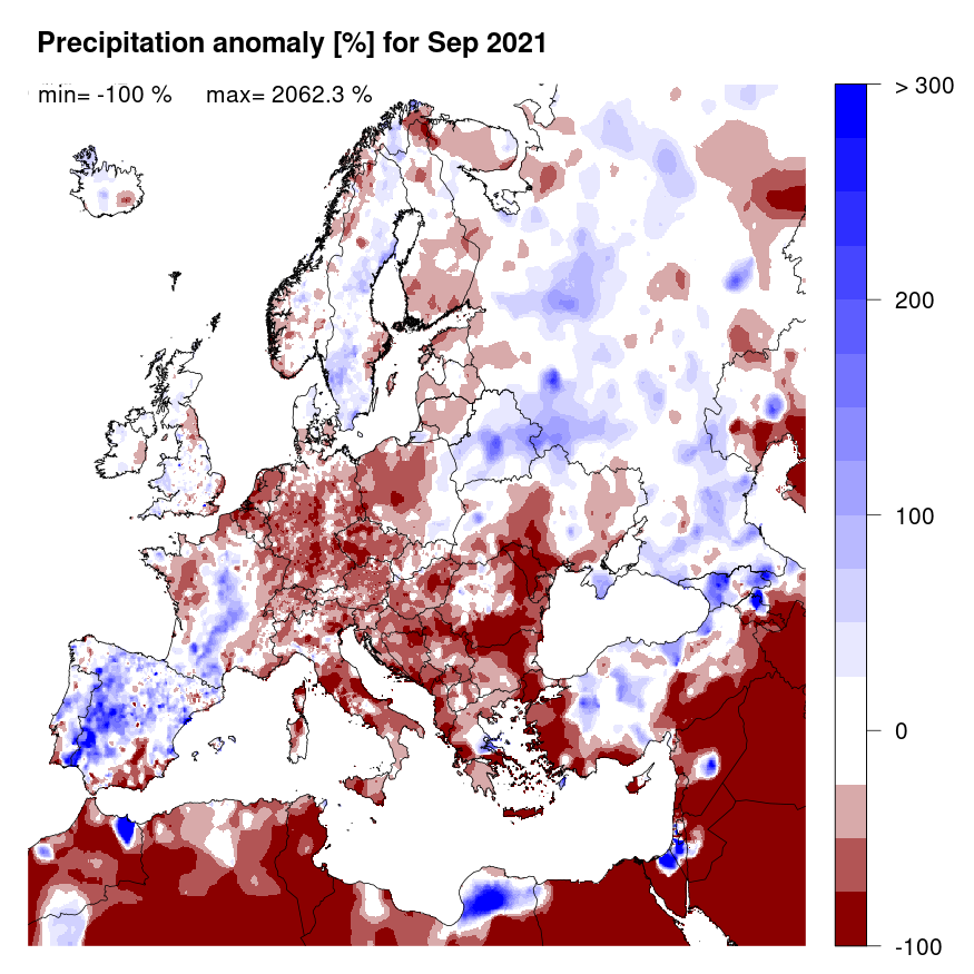 Figure 2. Precipitation anomaly [%] for September 2021, relative to a long-term average (1990-2013). Blue (red) denotes wetter (drier) conditions than normal.