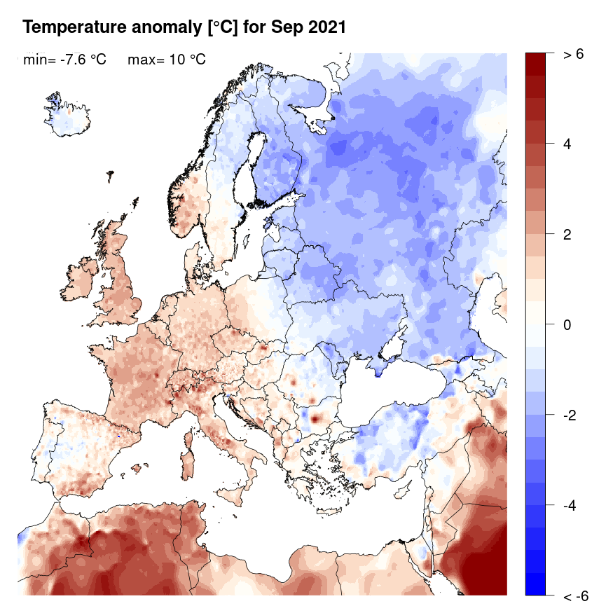 Figure 4. Temperature anomaly [°C] for September 2021, relative to a long-term average (1990-2013). Blue (red) denotes colder (warmer) temperatures than normal.