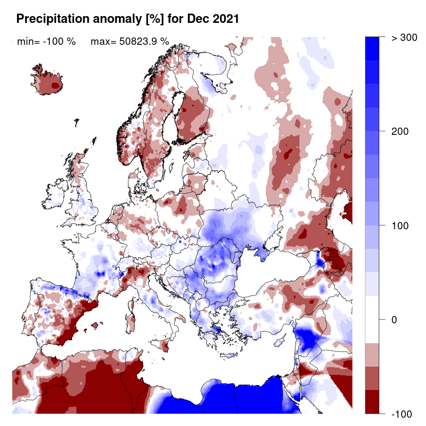 Figure 2. Precipitation anomaly [%] for December 2021, relative to a long-term average (1990-2013). Blue (red) denotes wetter (drier) conditions than normal.
