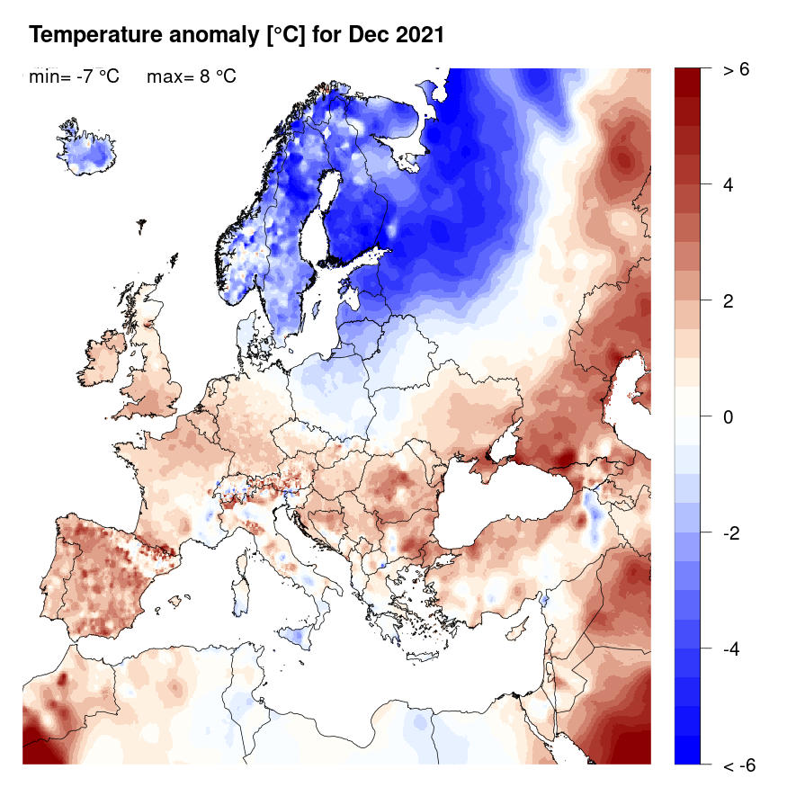 Figure 4. Temperature anomaly [°C] for December 2021, relative to a long-term average (1990-2013). Blue (red) denotes colder (warmer) temperatures than normal.