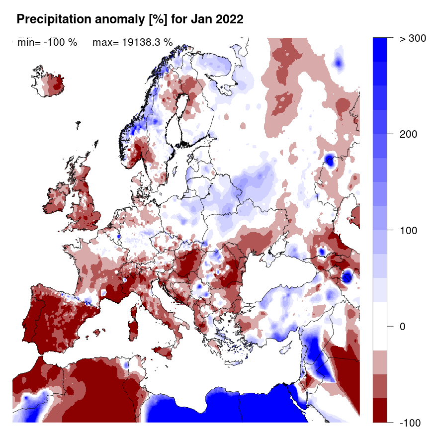 Figure 2. Precipitation anomaly [%] for January 2022, relative to a long-term average (1990-2013). Blue (red) denotes wetter (drier) conditions than normal.