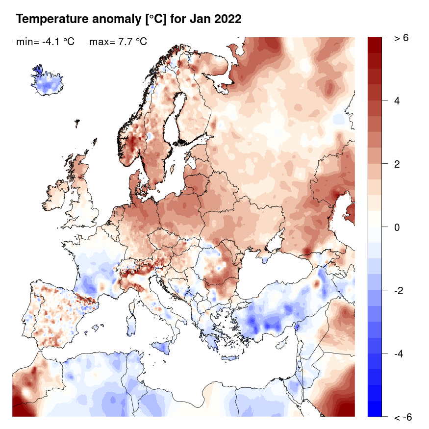 Figure 4. Temperature anomaly [°C] for January 2022, relative to a long-term average (1990-2013). Blue (red) denotes colder (warmer) temperatures than normal.