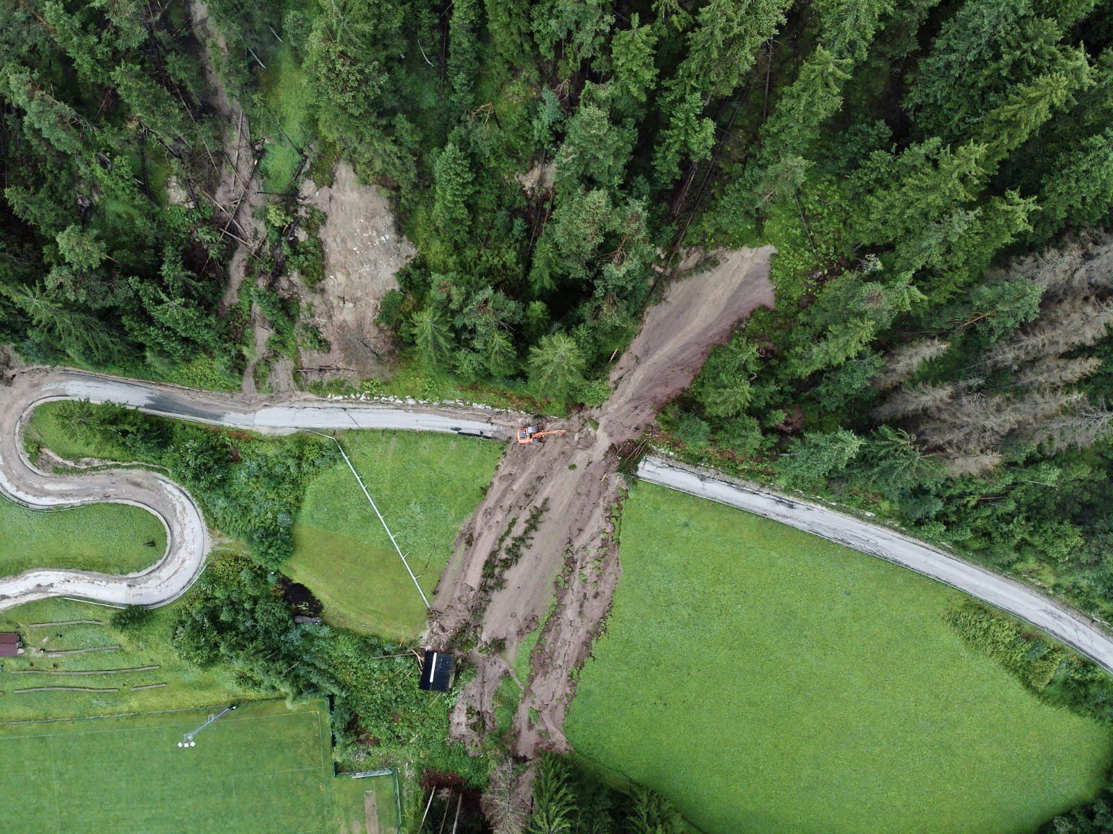 Heavy rain triggered flood and landslides which cut roads in San Martino in Badia, Italy, 05 August 2022. 