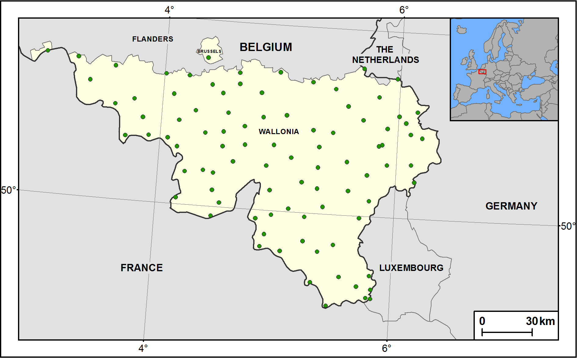 Service public de Wallonie active stations integrated in EFAS in December 2022 (Wallonia, Belgium)