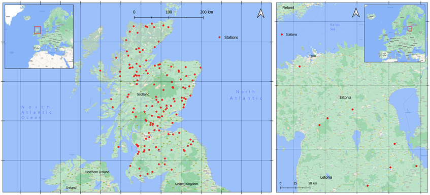 Scottish Environment Protection Agency stations (left) and Estonian Environmental Agency stations integrated in the CEMS HDCC database in November 2023.