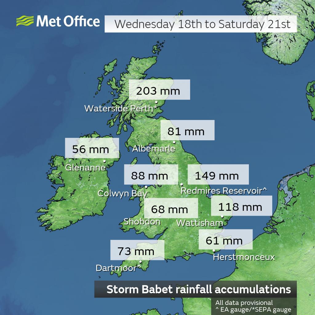 UK rainfall from Storm Babet. Credit: Met Office