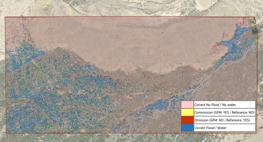 For the August 2022 flood disaster in Pakistan, the satellite-derived GFM Observed Flood Extent, generated in near real-time by the GFM product, achieved a thematic accuracy of 80.4% (measured using the Critical Success Index). This flood map shows the output generated by the GFM product for the Pakistan flood event on 22.08.2022, with grid-cells correctly classified as flood and water highlighted in blue. 